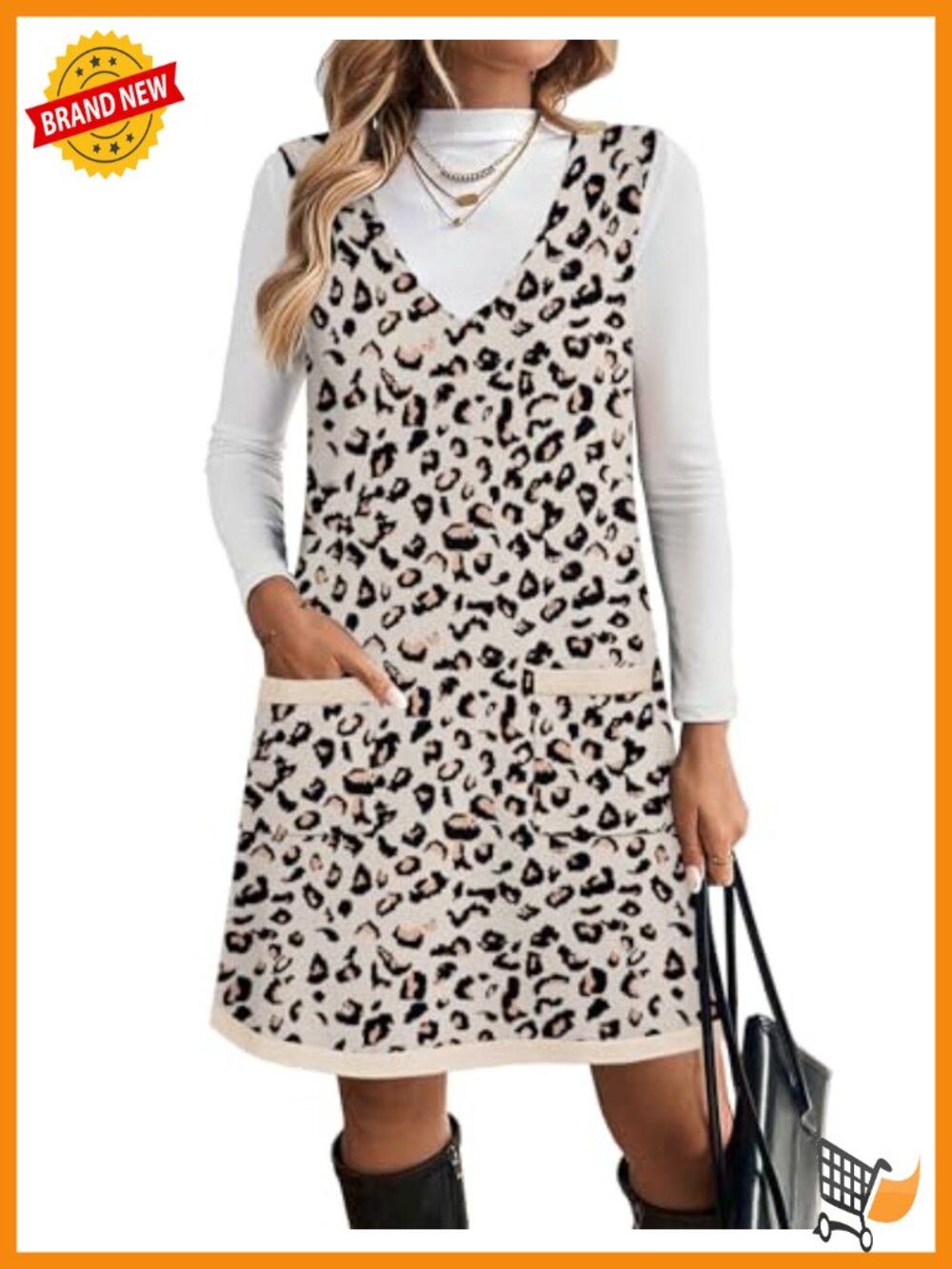 Sleeveless V Neck Knit Sweater Vest Dress with Pockets